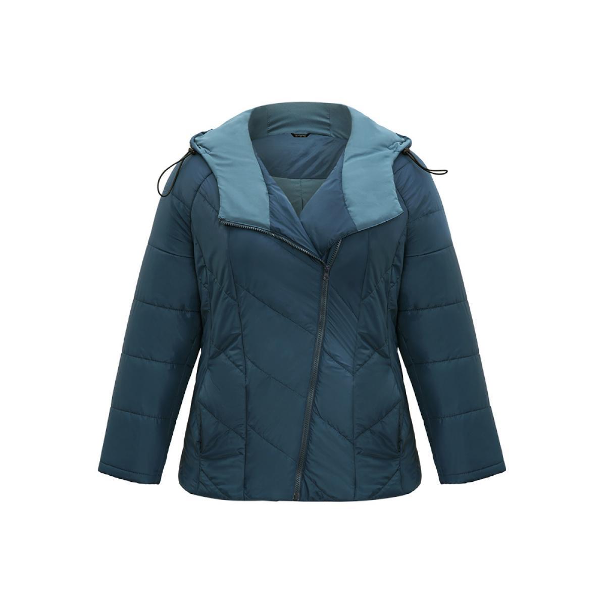 Plus Size Plain Drawstring Padded Zipper Pocket Hooded Jacket Women Blue Lined Pocket Dailywear Jackets BloomChic 18-20/2X Product Image