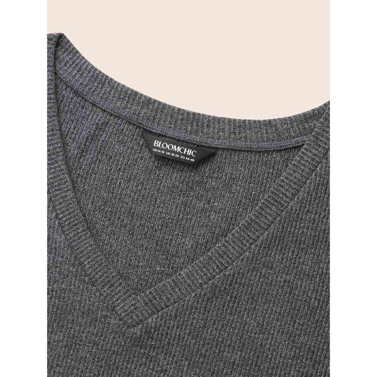 Plus Size Solid V Neck Asymmetrical Hem T-shirt DimGray Women Casual Texture V-neck Bodycon Everyday T-shirts BloomChic 12/L Product Image