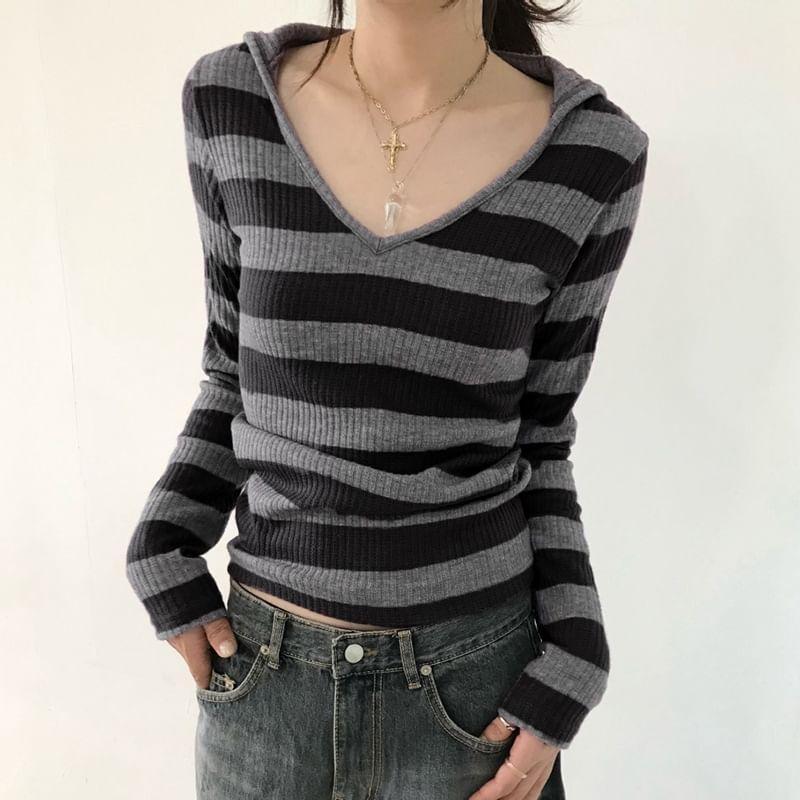 Long Sleeve V-Neck Striped Hood Ribbed Knit Top Product Image