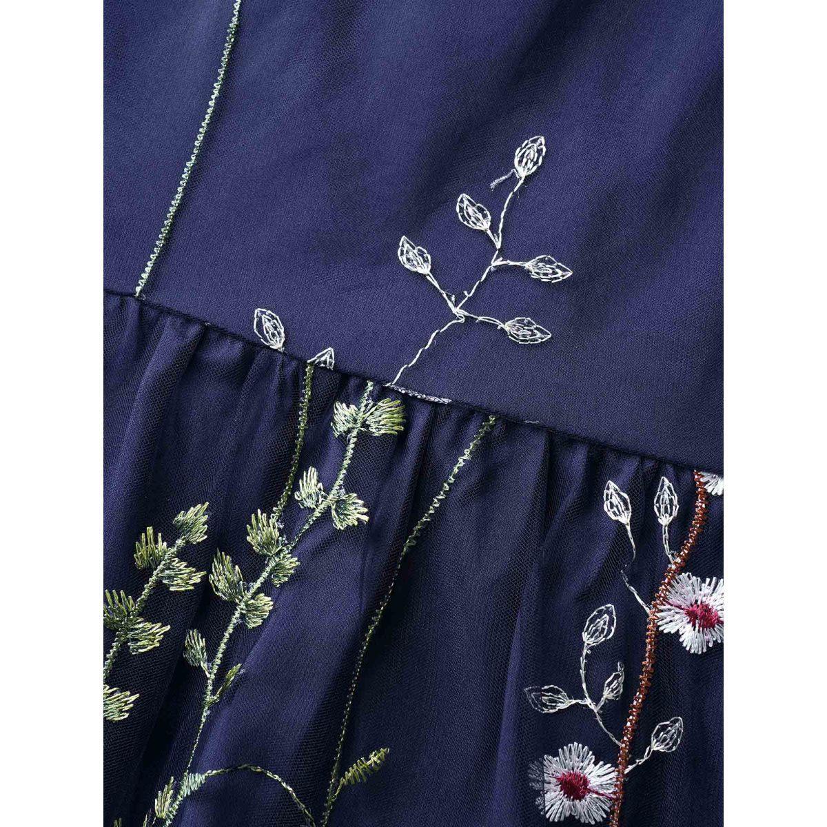 Plus Size U Neck Floral Embroidered Mesh Cami Dress DarkBlue Women Formal U-neck Sleeveless Curvy BloomChic 22-24/3X Product Image