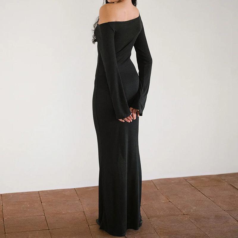 Bell Sleeve Cold-Shoulder Plain Slim-Fit Maxi Bodycon Dress Product Image