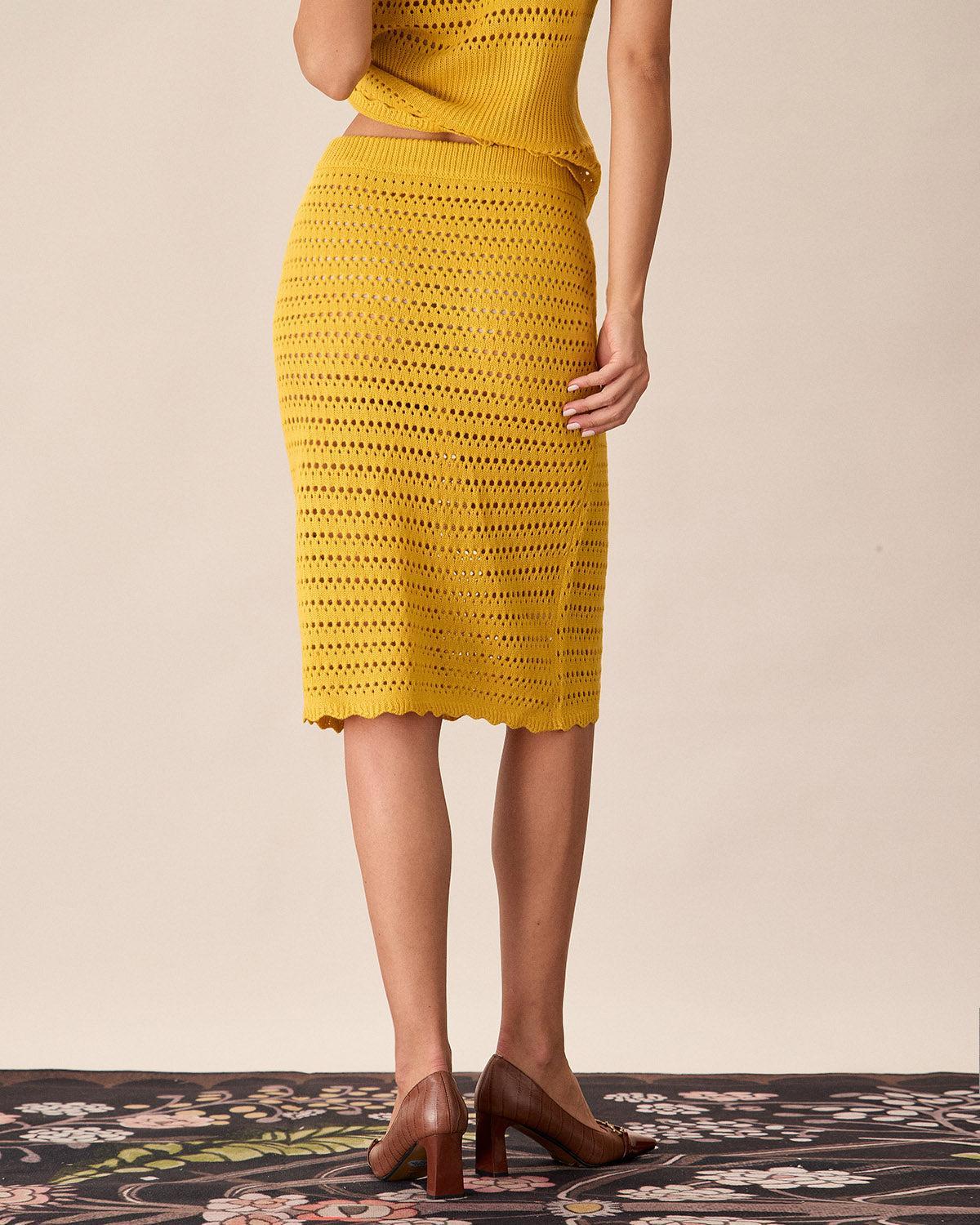 Yellow High-waisted Knee Length Knit Skirt Product Image