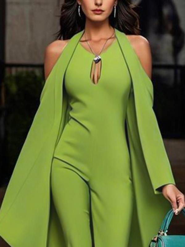 Batwing Sleeves Loose Hollow Solid Color Split-Joint Cold Shoulder Jumpsuits Product Image