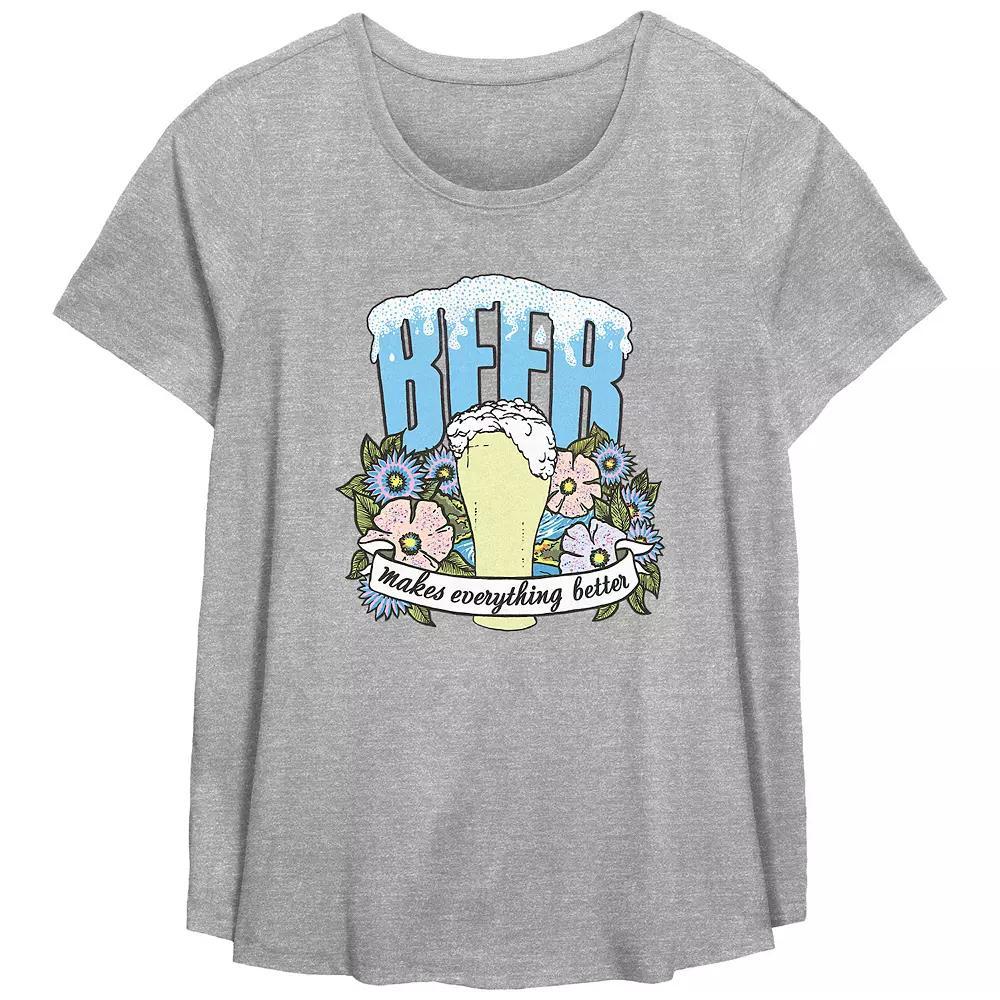 Plus Size Beer Makes Everything Better Scoop Hem Flow Graphic Tee, Women's, Size: 2XL, Grey Gray Product Image