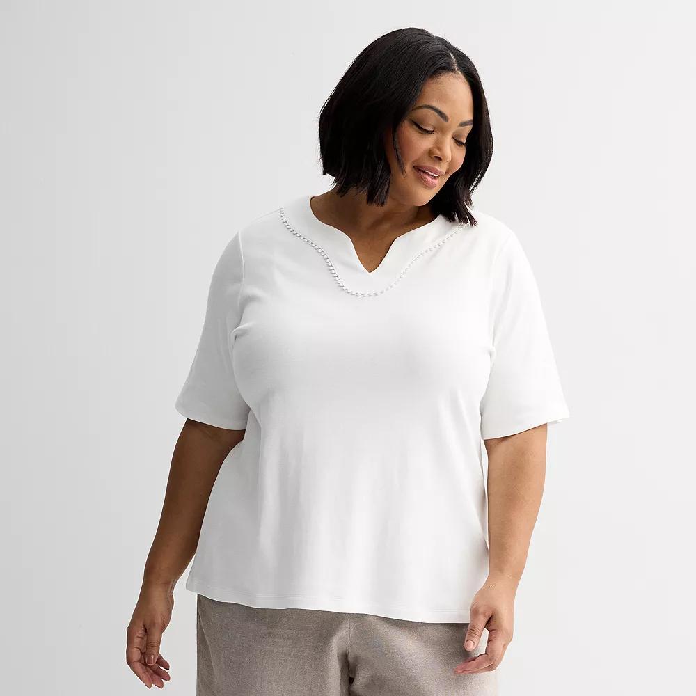 Plus Size Croft & Barrow® Bobble Trim Split Neck Top, Women's, Size: 2XL, Bright White Product Image