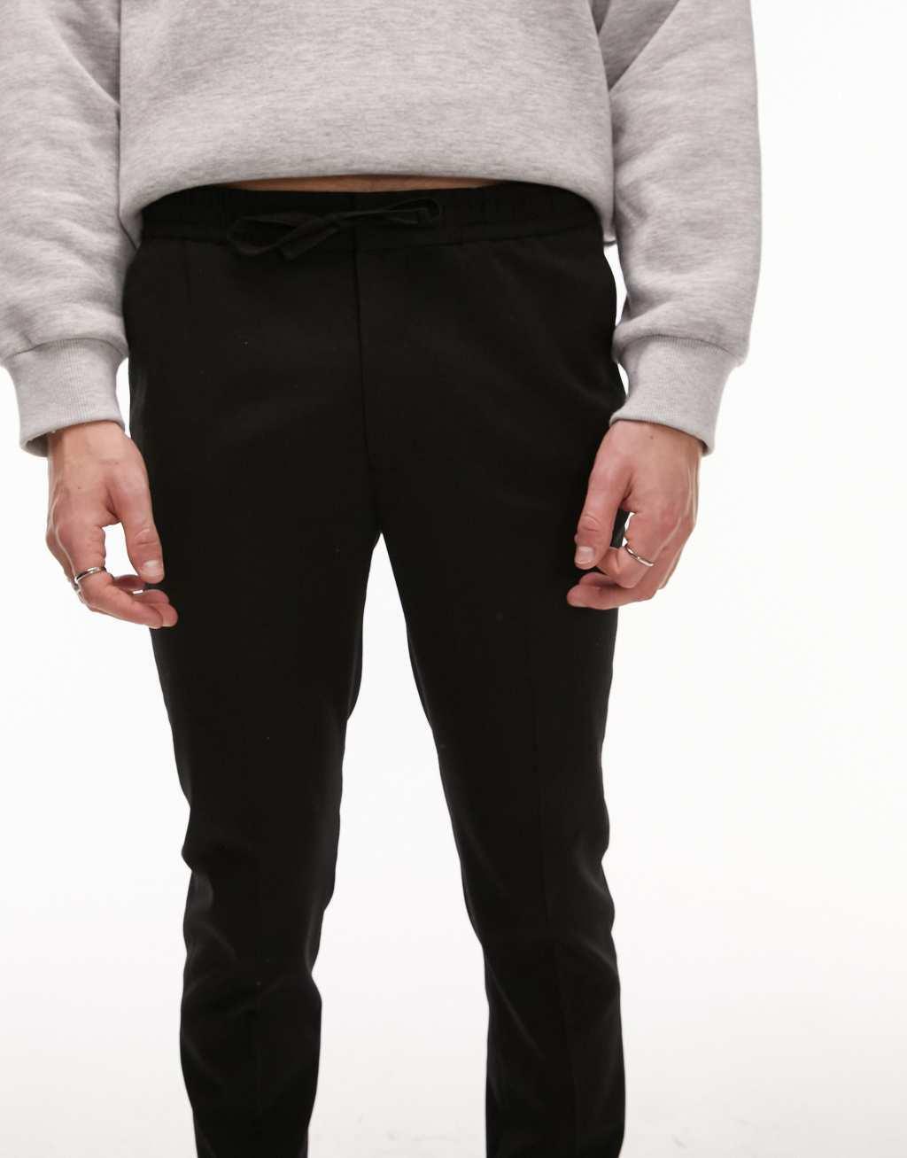 Topman skinny smart pants with elastic waistband in black Product Image