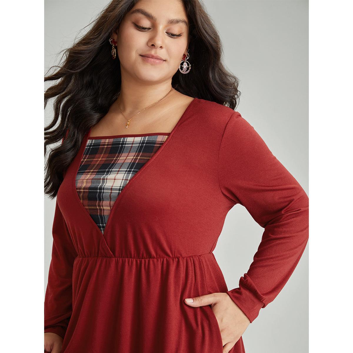 Plus Size Christmas Plaid Patchwork Elastic Waist Gathered Dress Scarlet Women Casual Printed Square Neck Long Sleeve Curvy Midi Dress BloomChic 14-16/1X Product Image