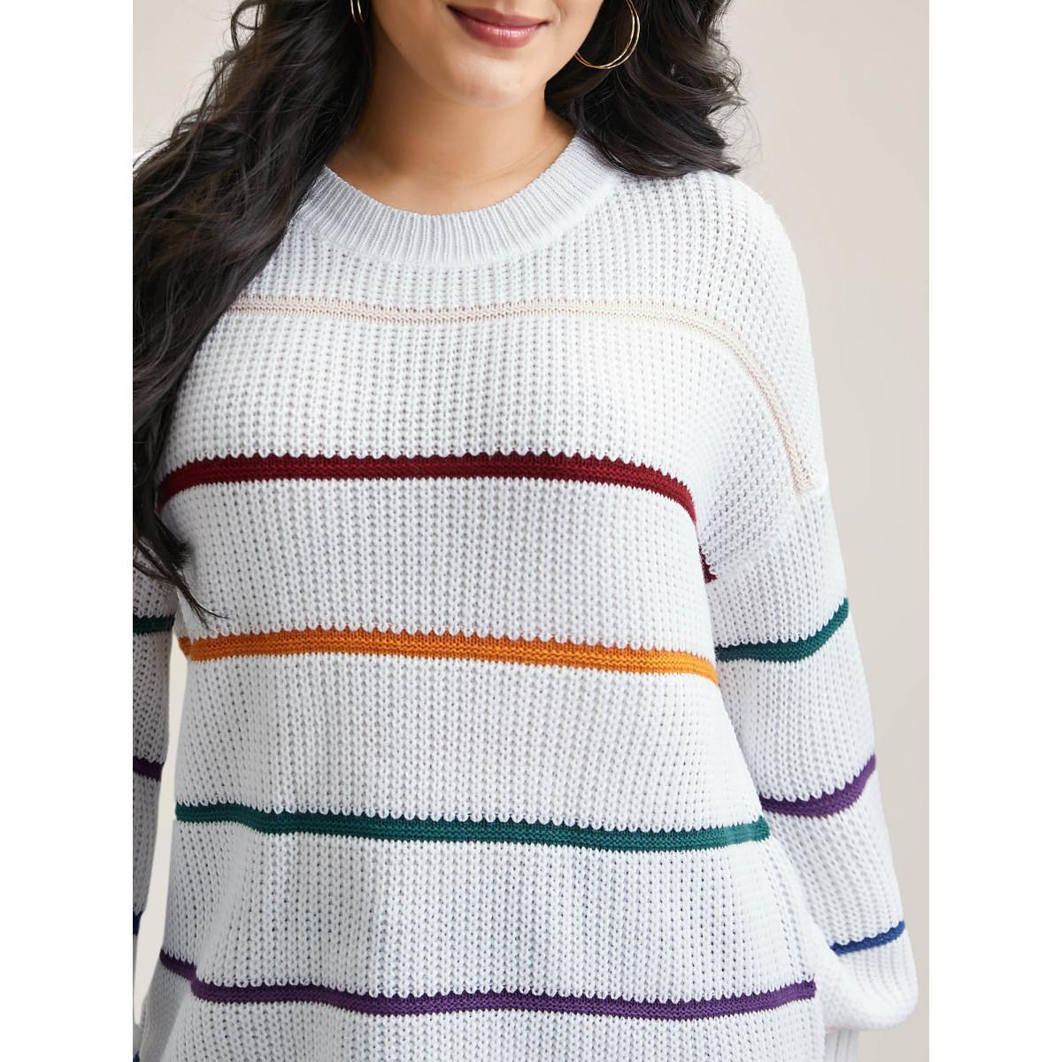 Plus Size Multi-Color Textured Balloon Sleeve Pullover Ivory Women Casual Loose Long Sleeve Round Neck Everyday Pullovers BloomChic 30/6X Product Image