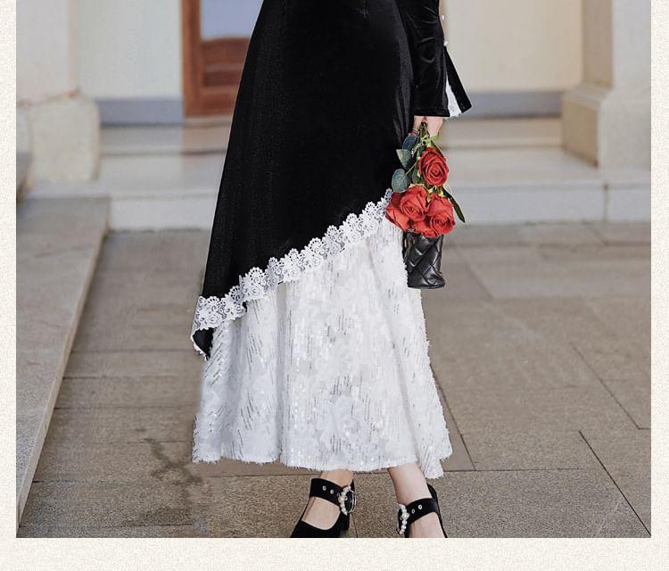 Long Sleeve Mandarin Collar Lace Trim Mock Two Piece Maxi A-Line Dress Product Image