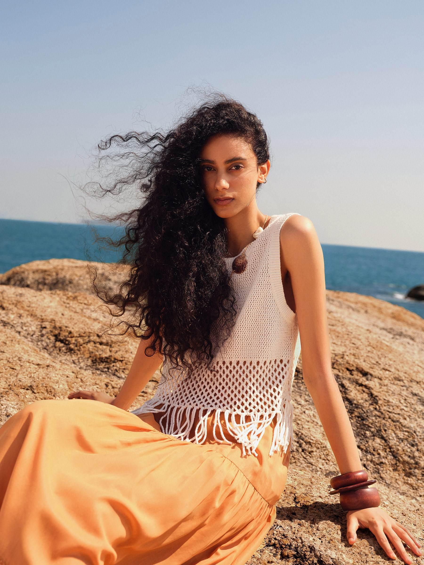 Sequins Tassel Hem Women Openwork Knit Tank Top Product Image