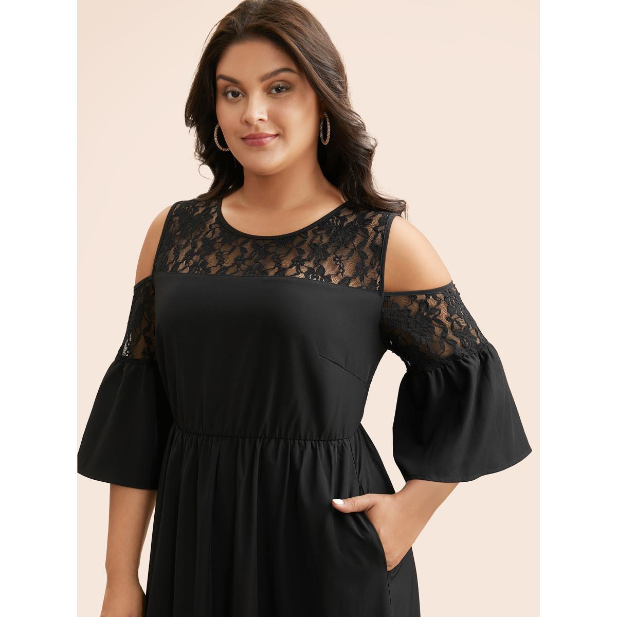 Plus Size Crochet Lace Mesh Ruffle Sleeve Dress Black Women Cocktail Woven ribbon&lace trim Round Neck Elbow-length sleeve Curvy BloomChic 22-24/3X Product Image