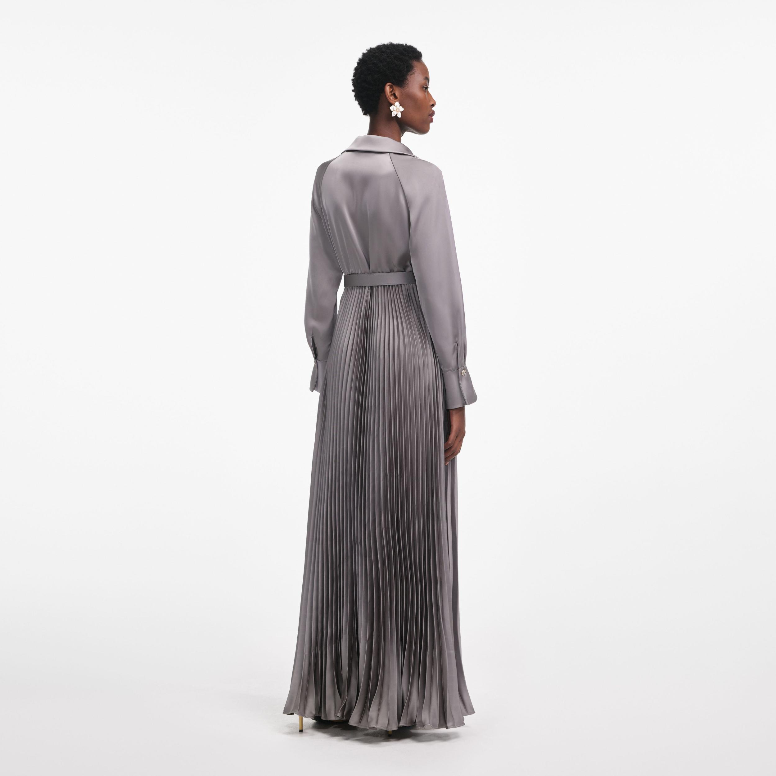 Grey Satin Pleated Maxi Dress Product Image