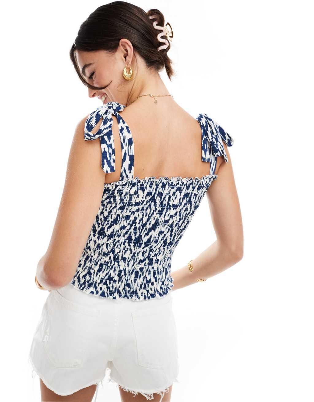 JDY shirred smock top with tie straps in white & blue Product Image