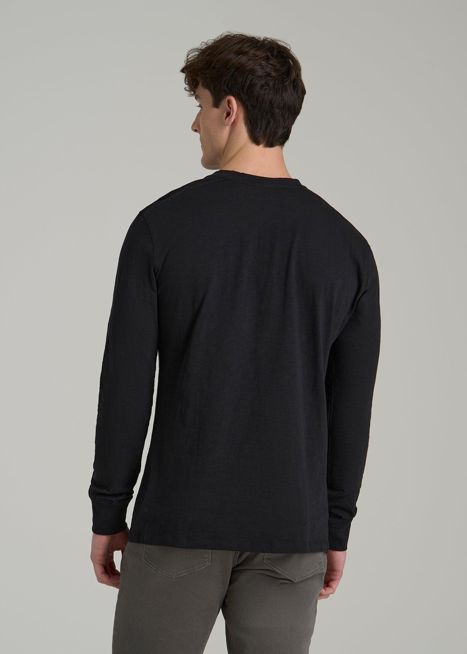 Three-Button Long Sleeve Slub Henley for Tall Men in Black Male Product Image