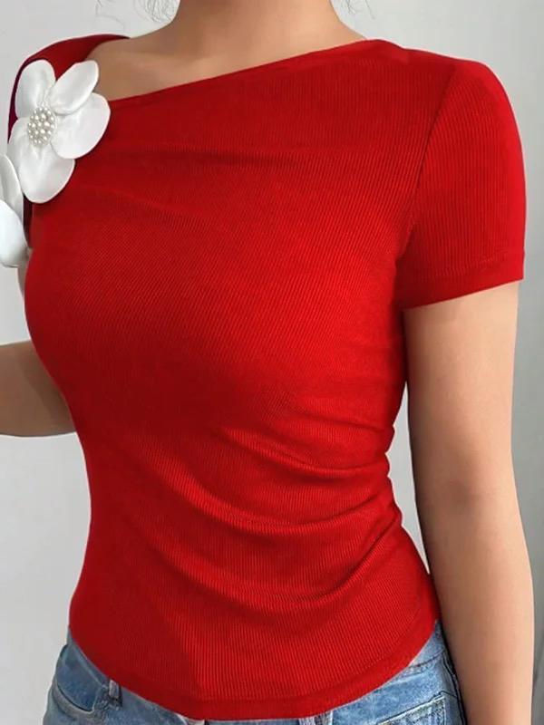 Short Sleeves Skinny Pleated Solid Color Three-Dimensional Flower Asymmetric Collar T-Shirts Tops Product Image