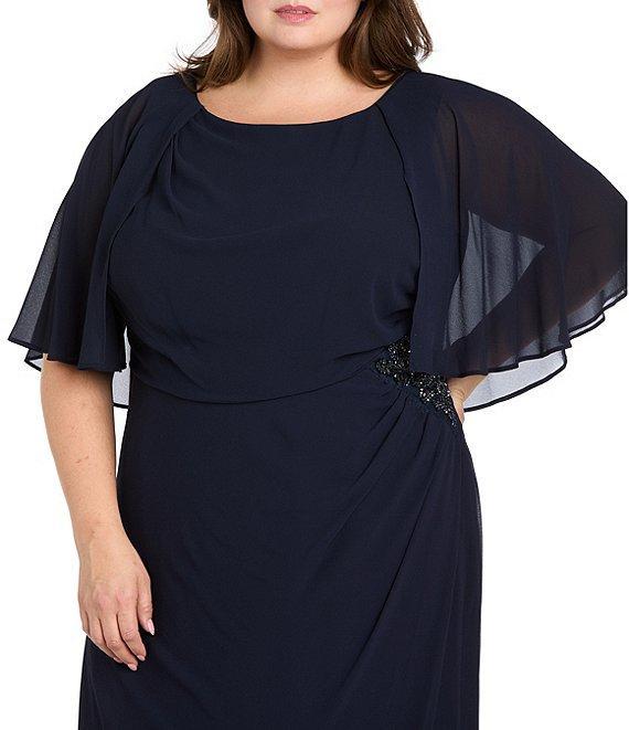 R & M Richards Plus Size Souffle Crepe Chiffon Crew Neck Short Sleeve Capelet Ruched Waist With Flower Detail Sheath Dress Product Image