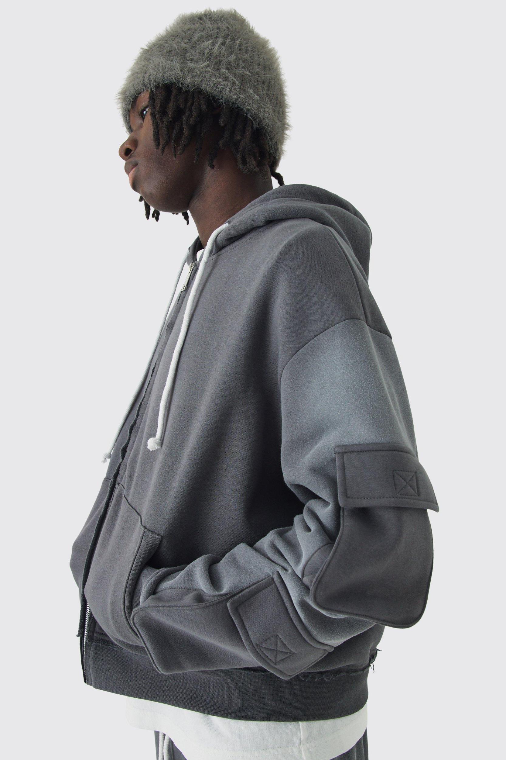 Oversized Boxy Utility Zip Through Brushback Hoodie | boohooMAN USA Product Image