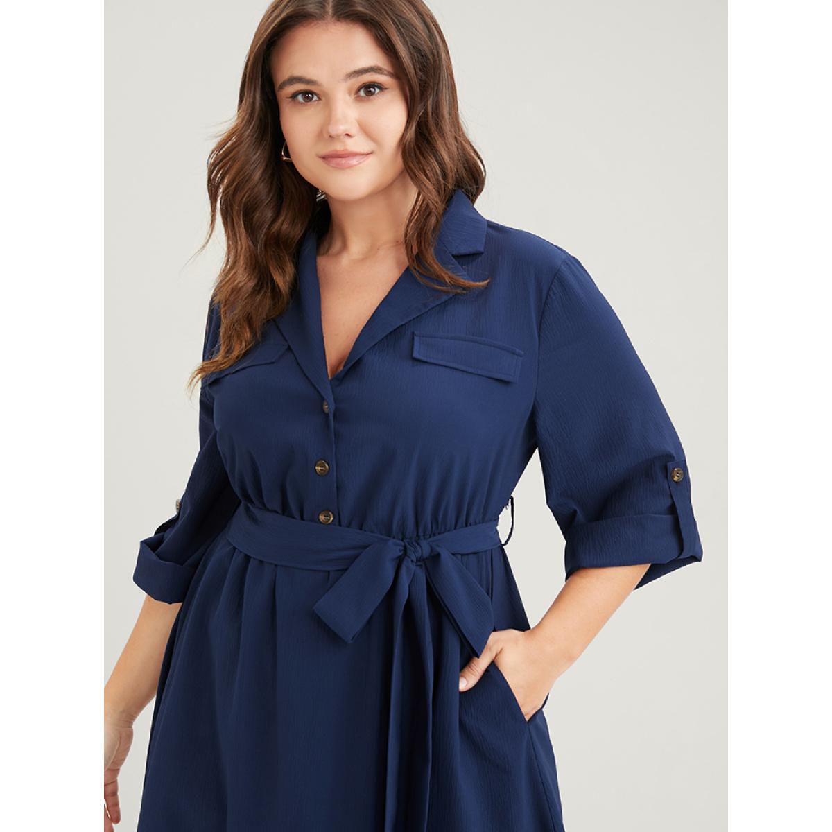 Plus Size Plain Button Cuffed Sleeve Pocket Belted Lapel Collar Dress DarkBlue Women Office Belted Lapel Collar Elbow-length sleeve Curvy Midi Dress BloomChic 26/4X Product Image