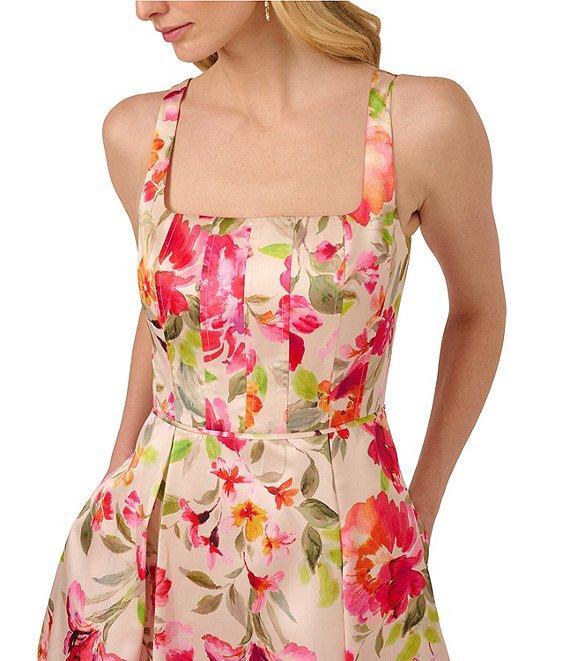 Adrianna Papell Square Neck Sleeveless Floral Print Mikado Midi Dress Product Image