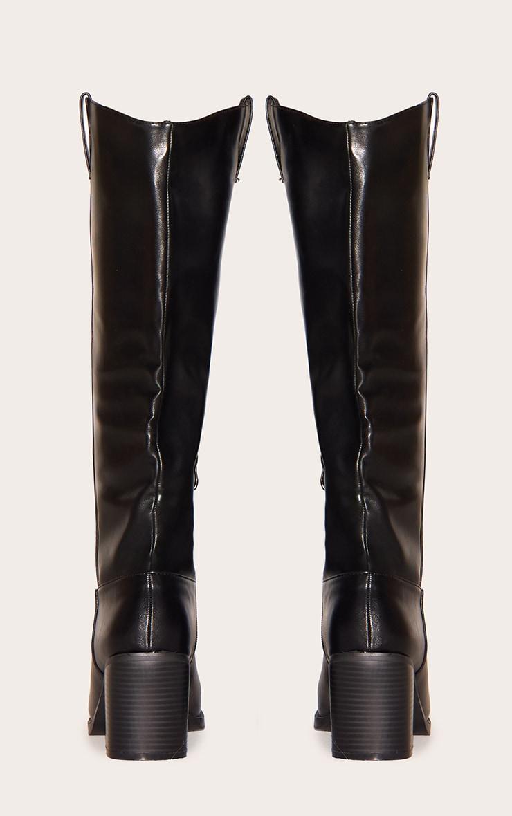 Black PU Square Toe Knee High Block Heeled Western Boots Product Image