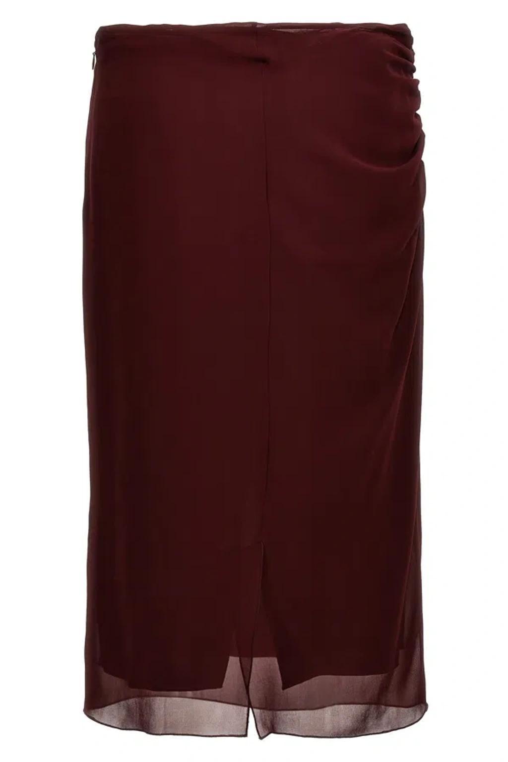 Sheer Overlay Midi Length Skirt With Ruched Detailing In Dark Red Product Image