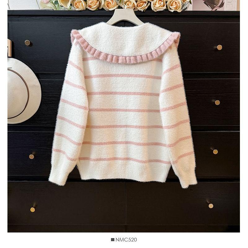 Peter Pan-Collar Striped Cardigan with Pocket Product Image