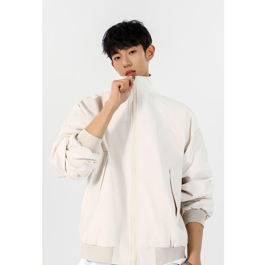 Stand Collar Zip-Up Plain Jacket Product Image