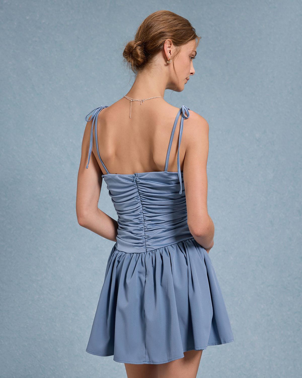Blue Ruched Tie Strap Mini Dress Product Image