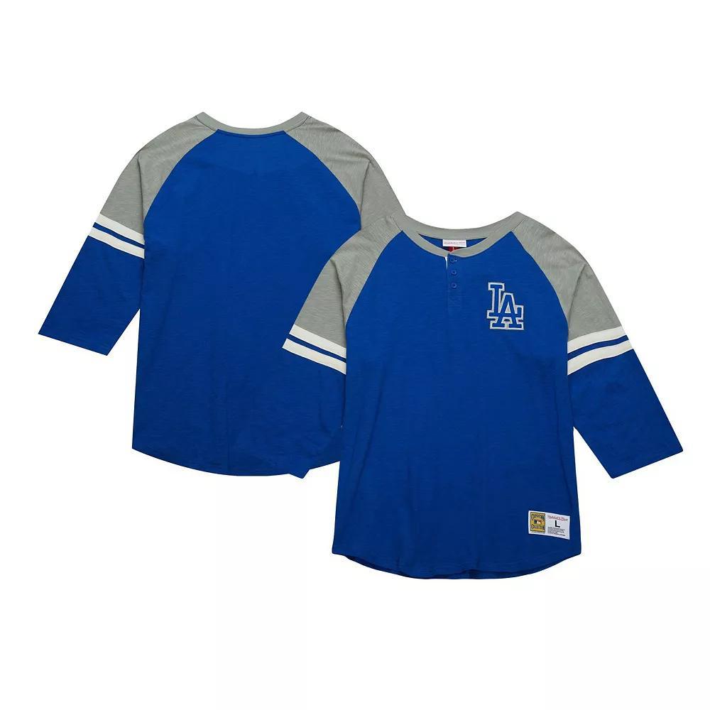 Men's Mitchell & Ness Royal Los Angeles Dodgers Cooperstown Collection Legendary Raglan Slub Henley 3/4-Sleeve T-Shirt,  Product Image