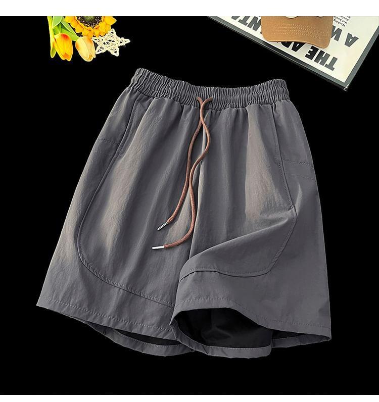 Drawstring Waist Plain Sweat Shorts Product Image