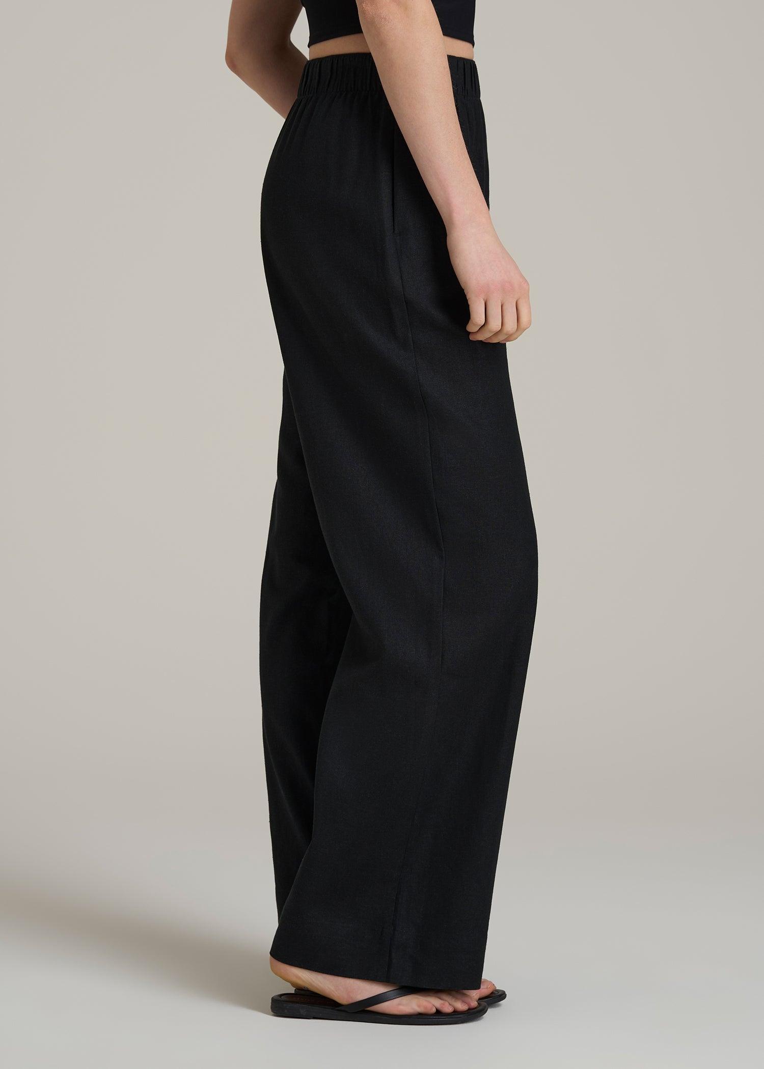 Pull On Wide Leg Linen Pants for Tall Women in Black Female Product Image