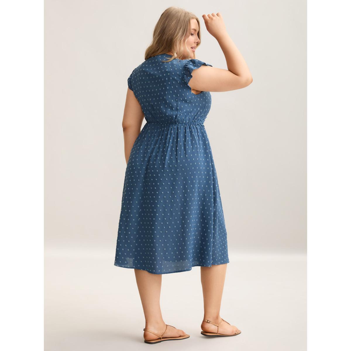 Plus Size Lace Textured Spliced Pockets Midi Dress Mediumblue Women Office Woven ribbon&lace trim V-neck Cap Sleeve Curvy BloomChic 22-24/3X Product Image