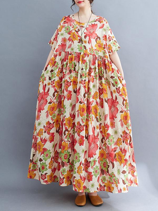 Loose Short Sleeves Pleated Printed Split-Joint Round-Neck Midi Dresses Product Image