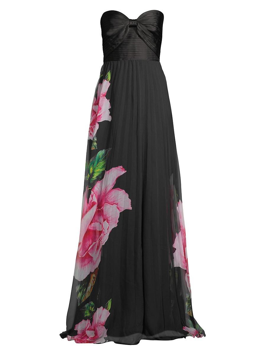 Womens Floral Graphic Pleated Chiffon Strapless Gown Product Image