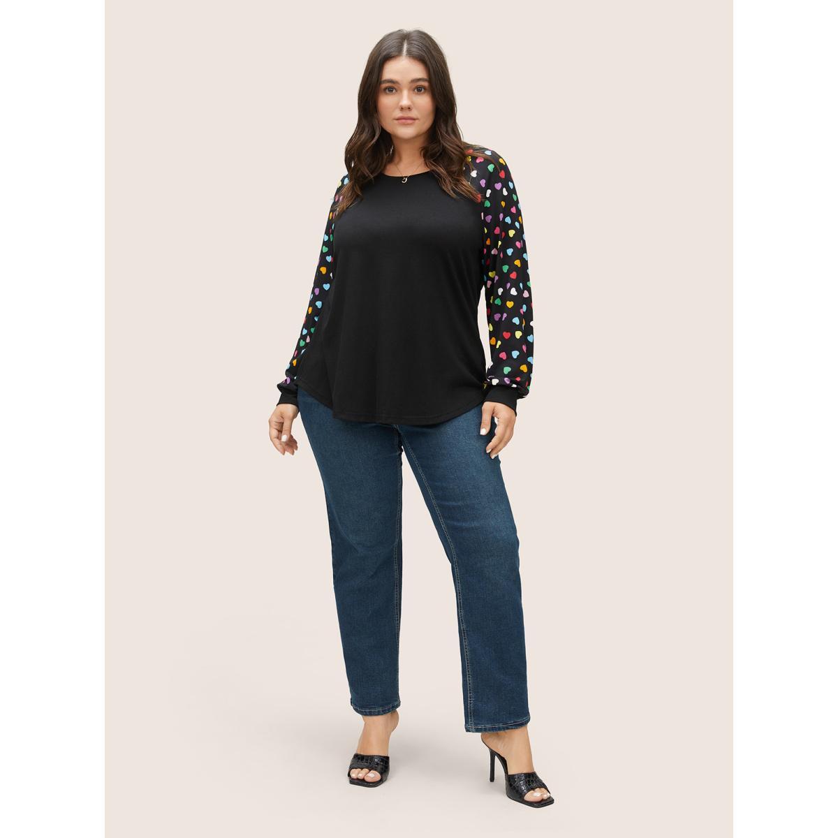 Plus Size Colour Heart Print Raglan Sleeve T-shirt Black Women Timeless Non Heart Print Round Neck Elegant T-shirts BloomChic 26/4X Product Image