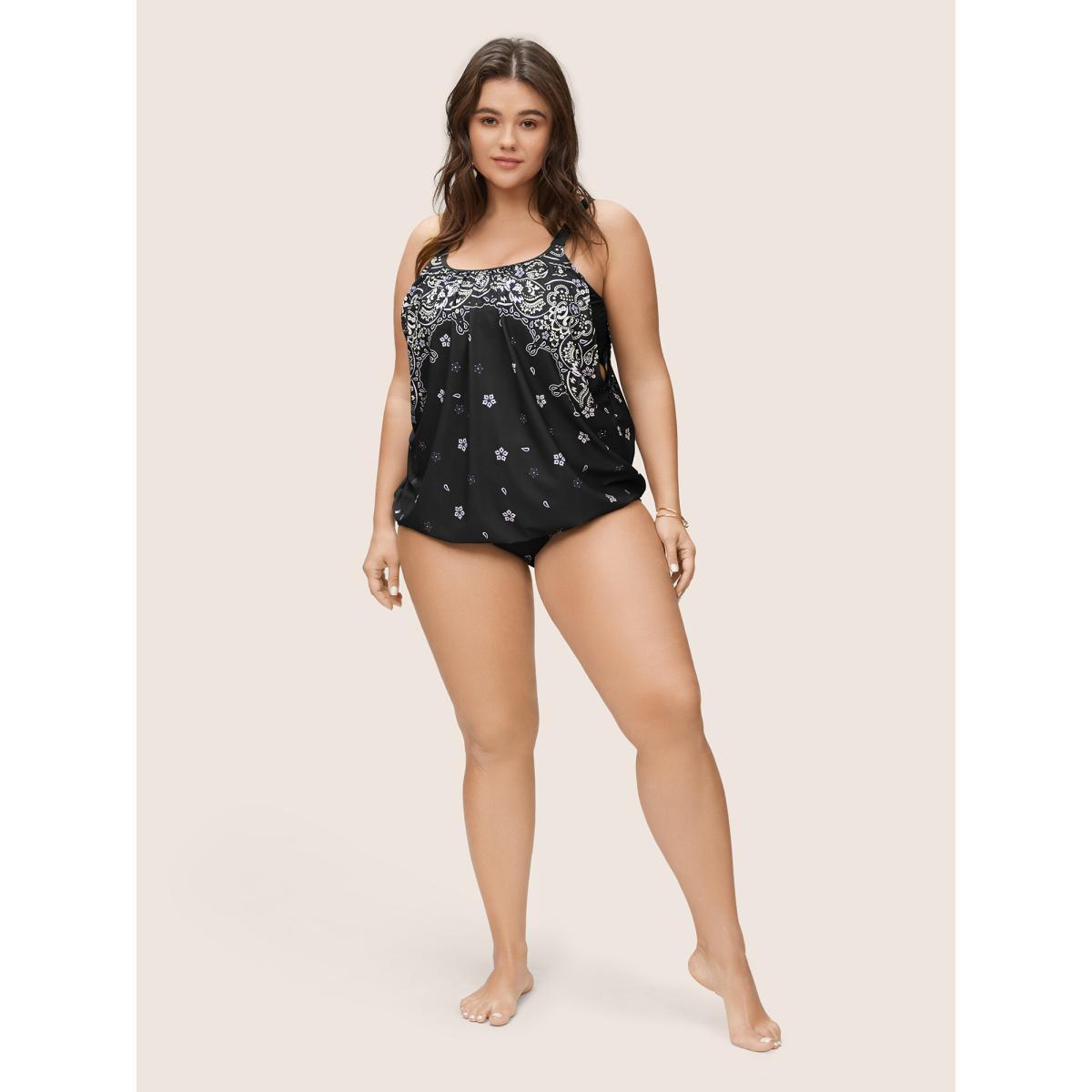 Plus Size Boho Print Cut Out Adjustable Straps Swim Top Women's Swimwear Black Beach Non High stretch Bodycon U-neck Curve Swim Tops BloomChic 28/5X Product Image