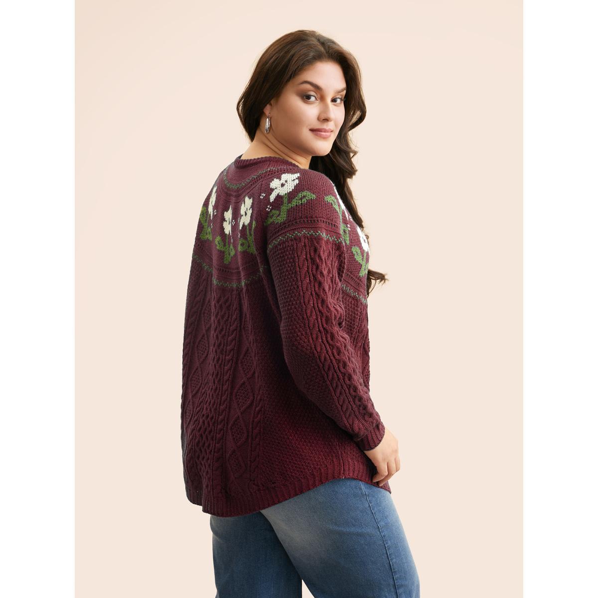 Plus Size Floral Jacquard Raglan Sleeve Pullover Deepred Women Leisure Long Sleeve Round Neck Casual Pullovers BloomChic 12/L Product Image