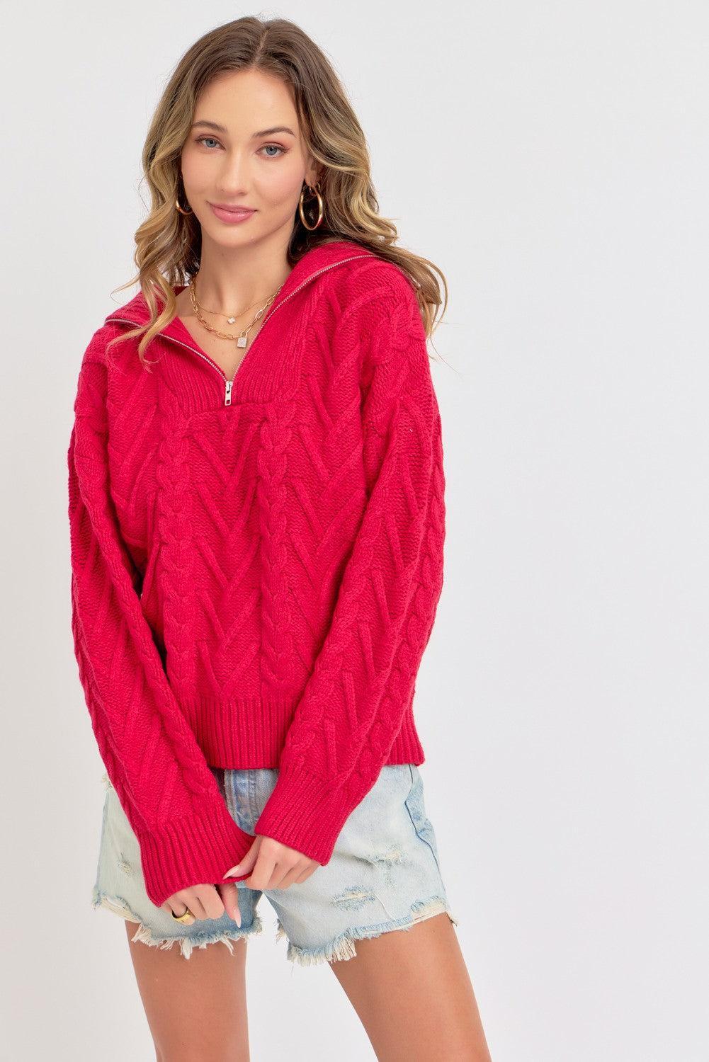 Cable Knit Zipper Front Sweater Product Image
