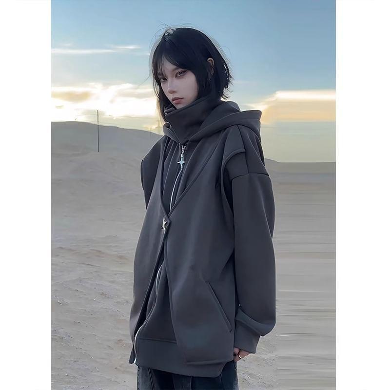 Long Sleeve Mock Two Piece Star Accent Loose-Fit Hooded Pullover Product Image