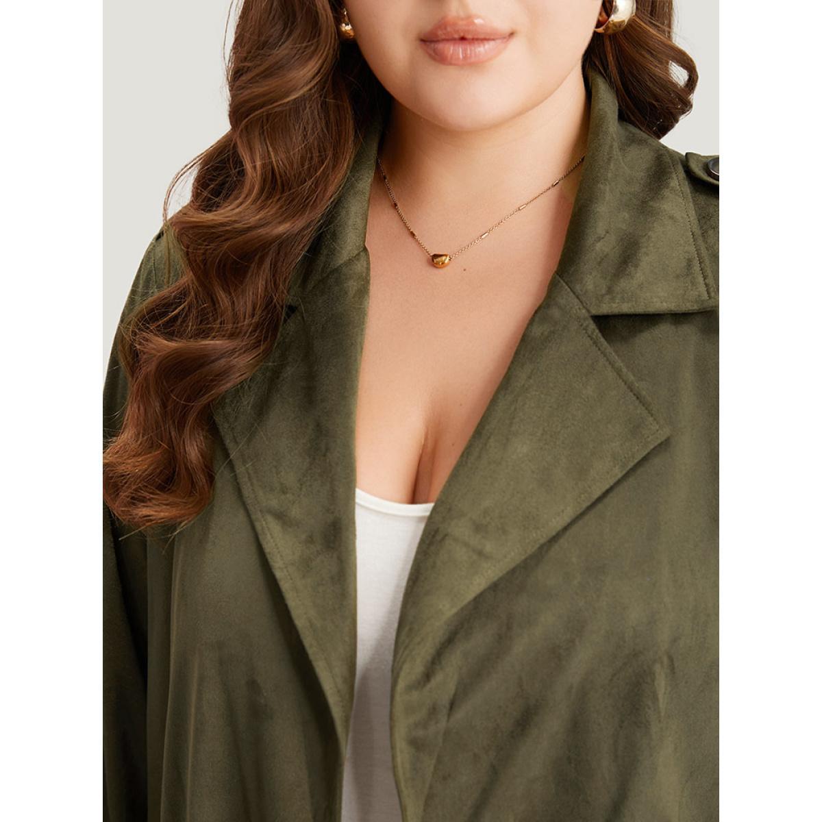 Plus Size Plain Lapel Collar Pocket Belted Faux Suede Coat Women ArmyGreen Casual Plain Ladies Dailywear Winter Coats BloomChic 14-16/1X Product Image