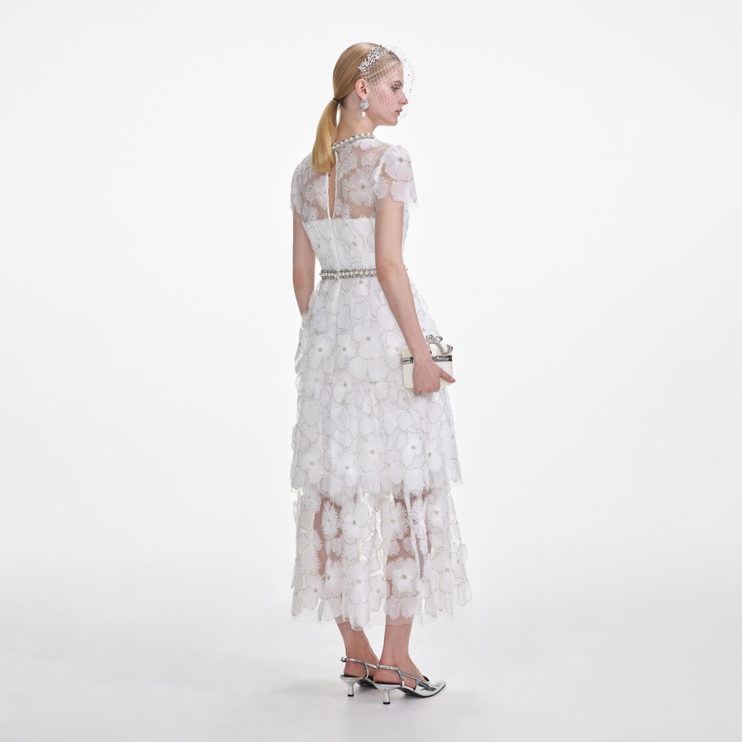 White Embellished Tulle Tiered Midi Dress Product Image