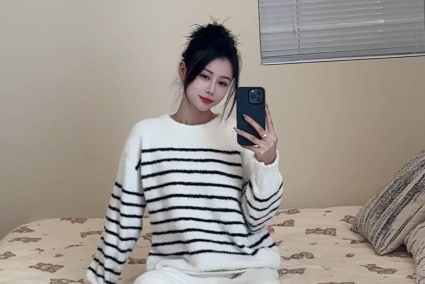 Pajama Set: Crew Neck Striped Sweater + Plain Straight Leg Pants Product Image