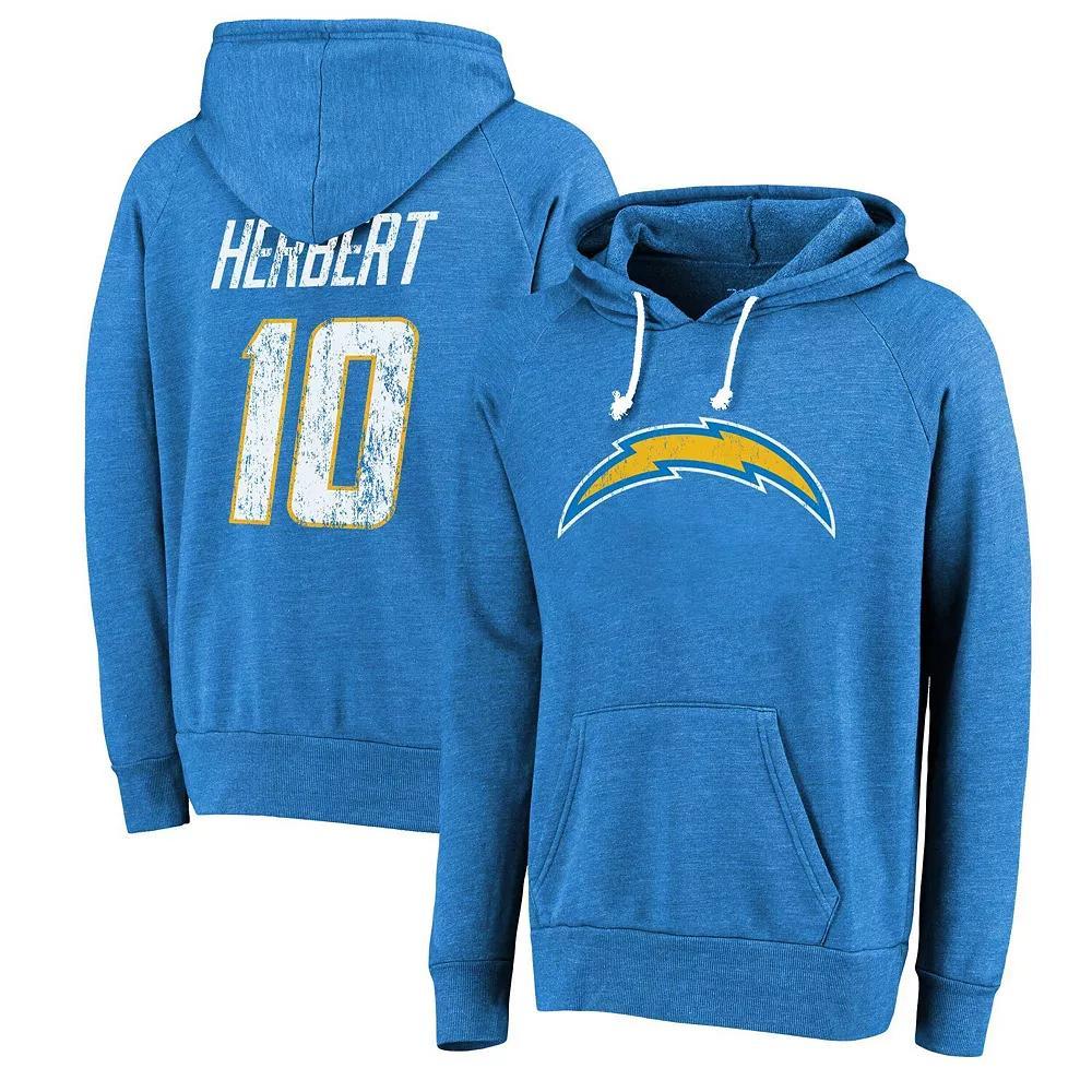 Men's Majestic Threads Justin Herbert Powder Blue Los Angeles Chargers Name & Number Tri-Blend Pullover Hoodie,  Product Image