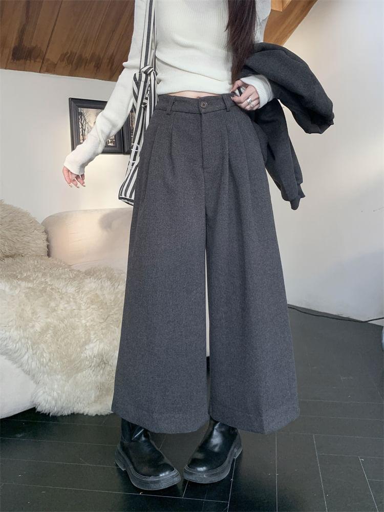 Mid Waist Plain Cropped Wide Leg Pants Product Image