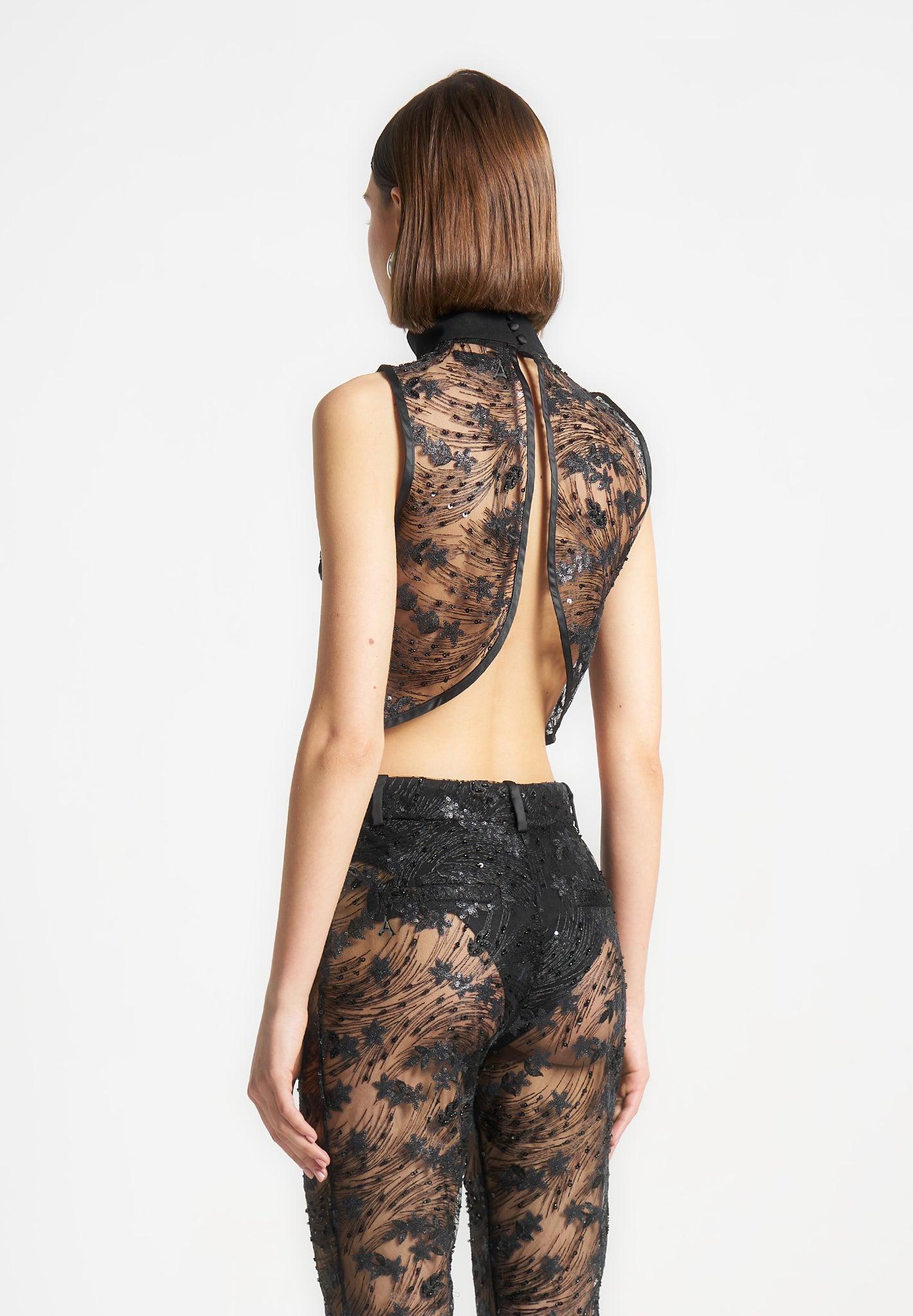 Embellished Lace Open Back Top - Black Female Product Image