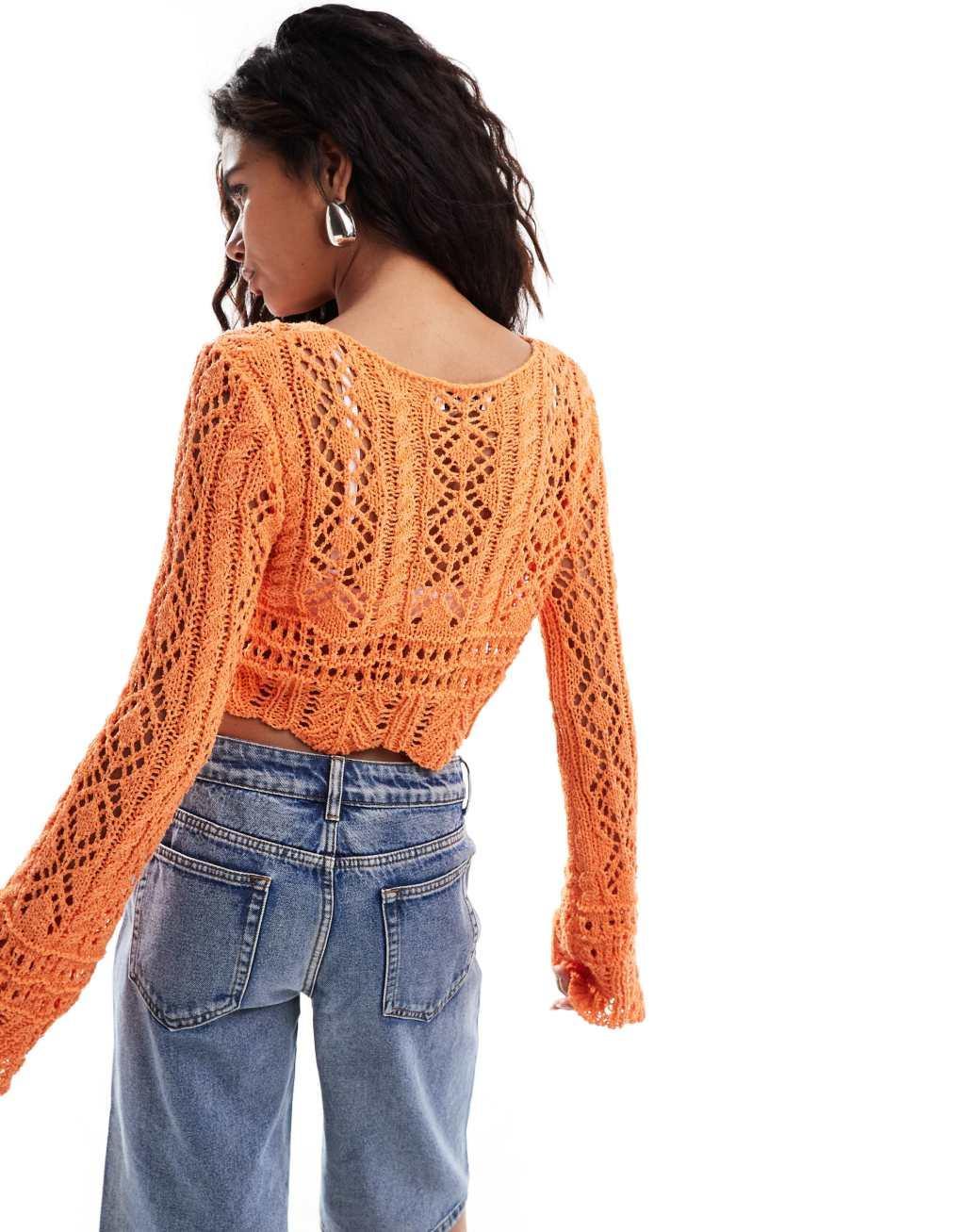 Emory Park crochet key hole cardigan in orange  Product Image