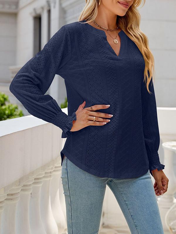 Long Sleeves Loose Elasticity Hollow Solid Color V-Neck T-Shirts Tops Product Image