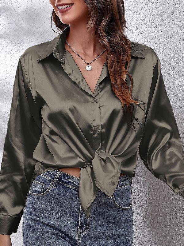 Long Sleeves Loose Solid Color Lapel Blouses Product Image