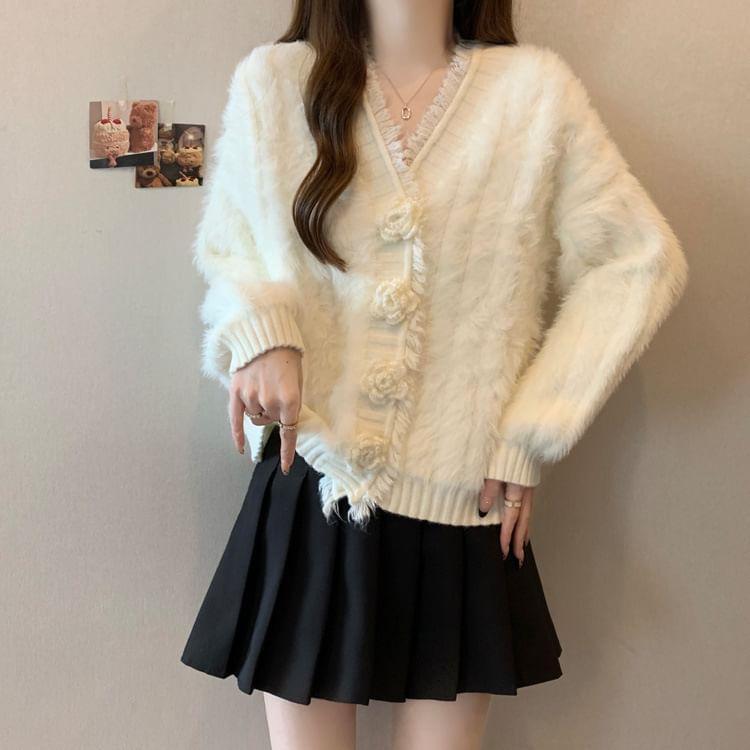 V-Neck Plain Floral Accent Fluffy Fringed Cardigan Product Image