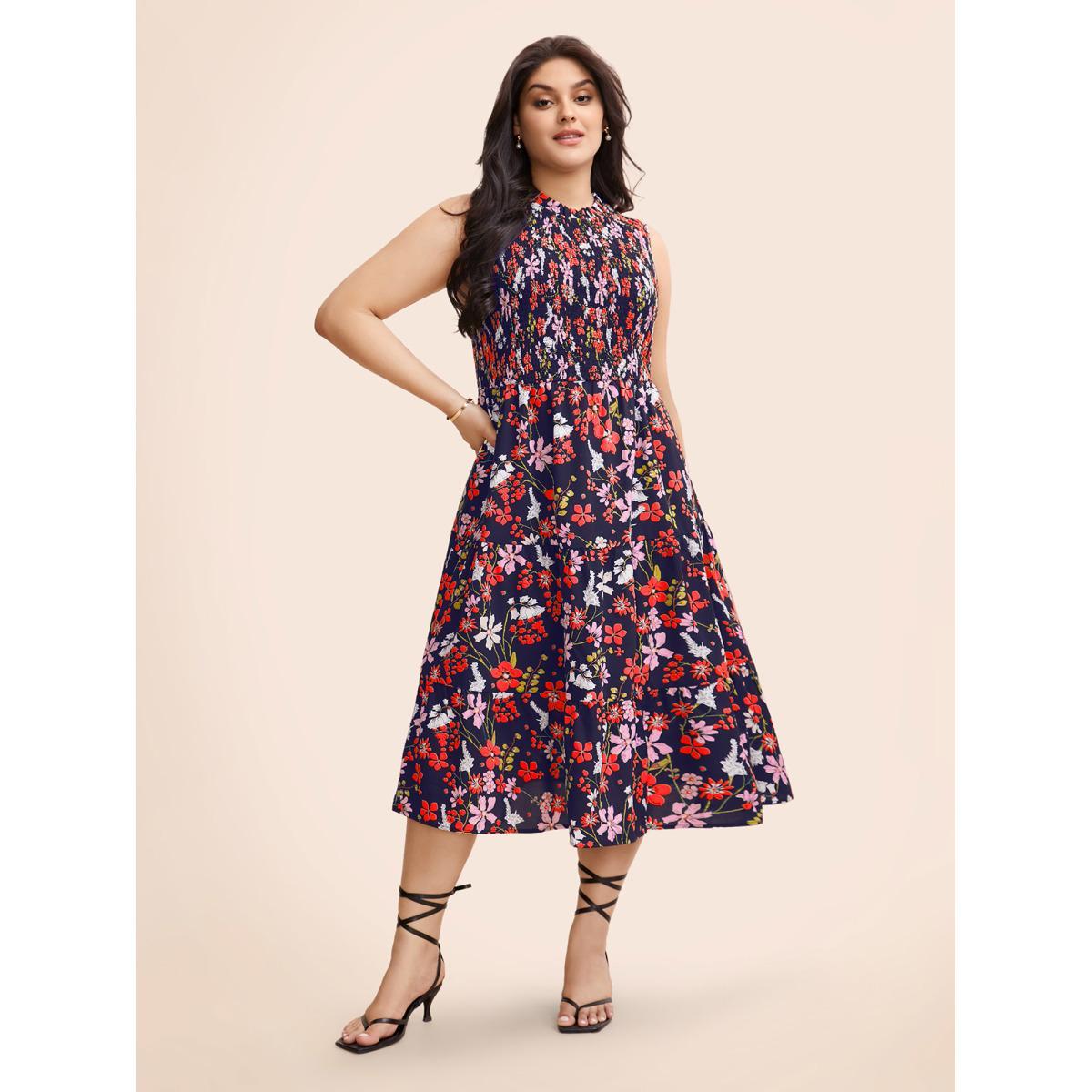 Plus Size Floral Shirred Mock Neck Cut Out Pocket Ruffle Hem Dress DarkBlue Women Elegant Frill Trim Mock Neck Sleeveless Curvy Midi Dress BloomChic 28/5X Product Image